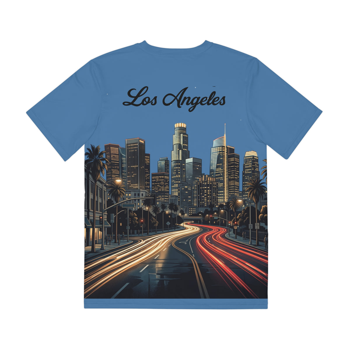 Los Angeles Skyline Tee — LA Script Front & City Nightback Polyester Shirt