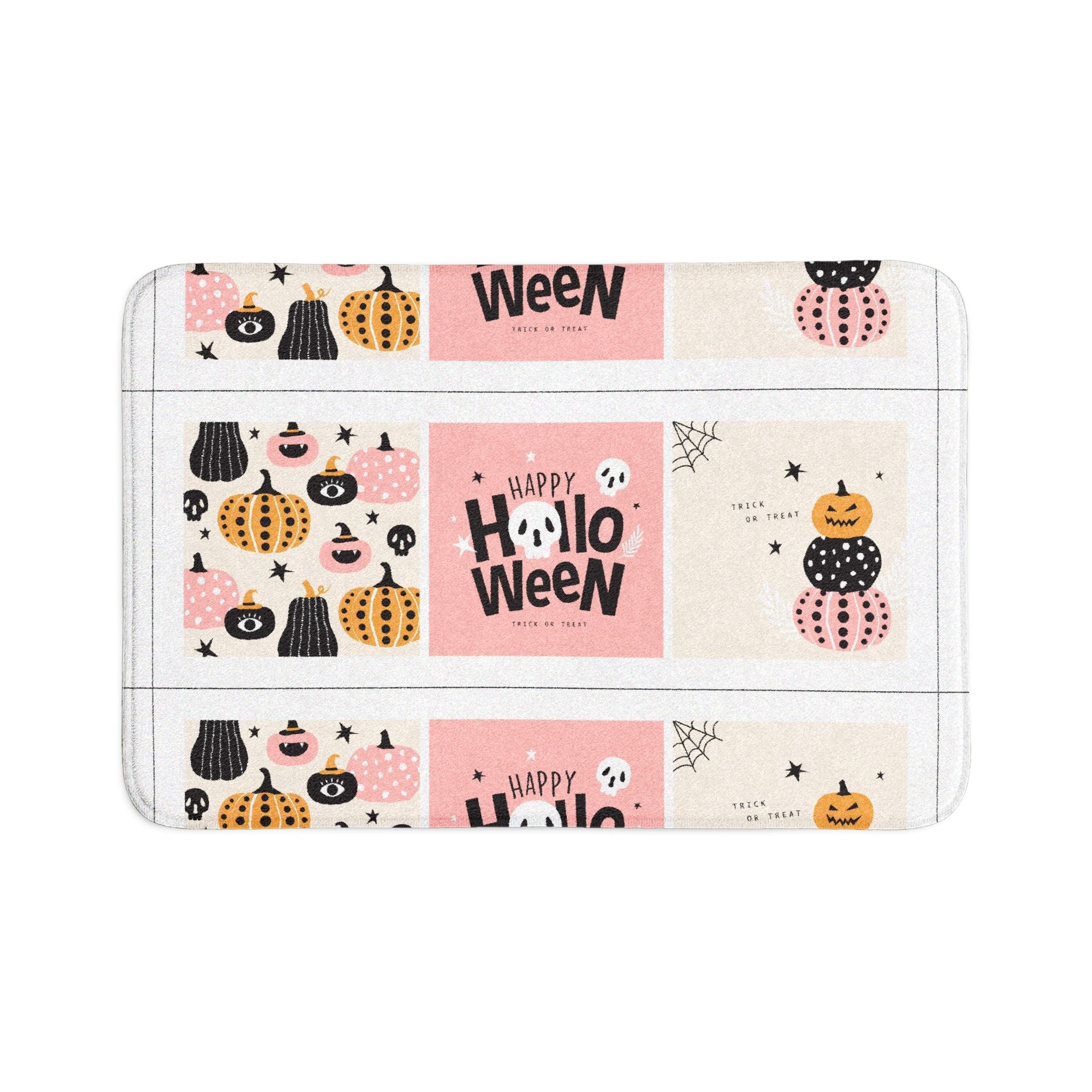 Halloween Bath Mat 3-Piece Set — Cute Pink Pumpkins & 'Happy Holloween' Bathroom Rug Set
